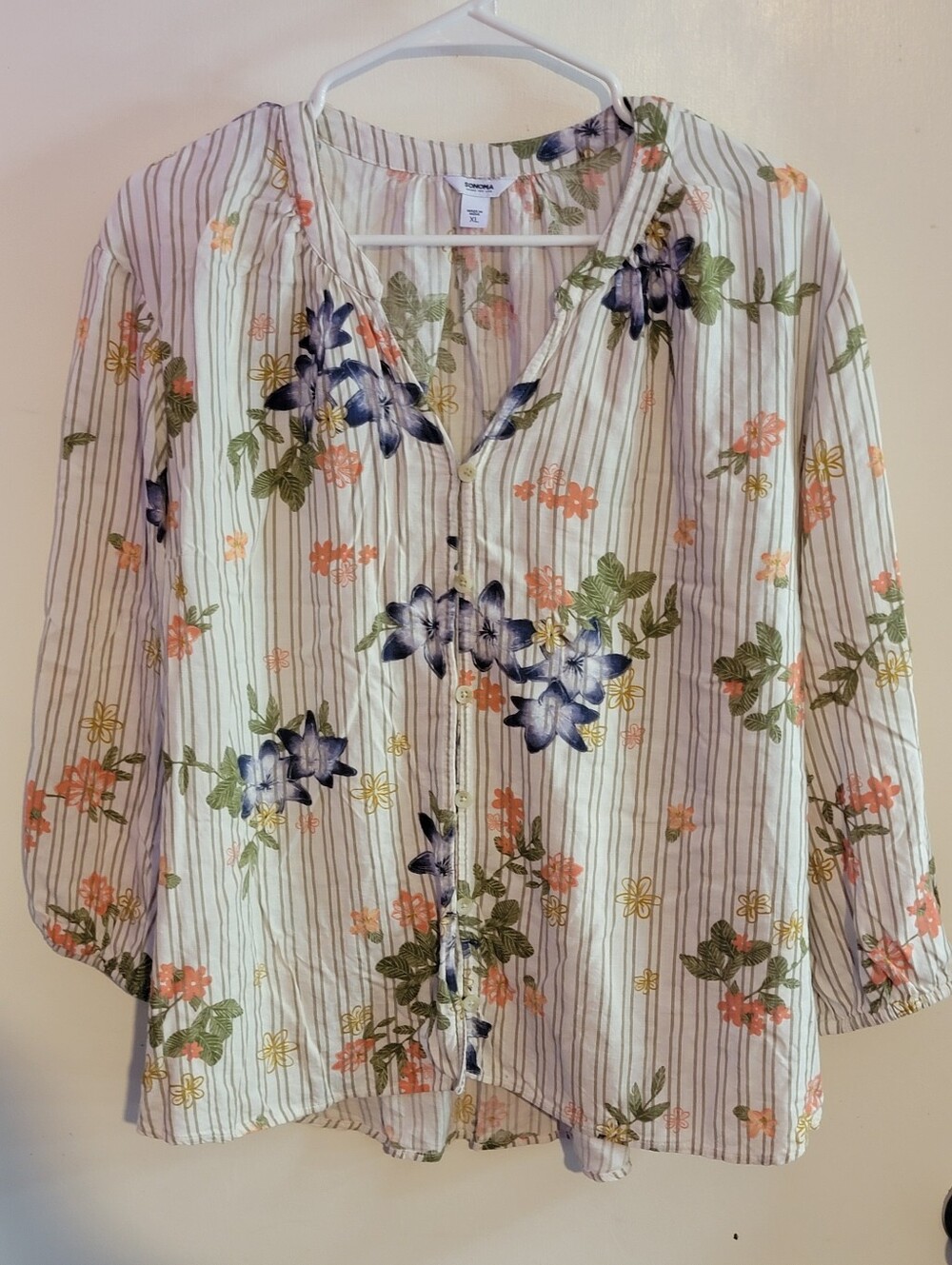Sonoma Floral Stripe Button-Front Blouse - White/Blue/Peach/Green